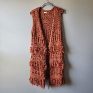 En Créme Duster Longline Vest Cardigan Sweater Fringe Boho Oversized Size Small